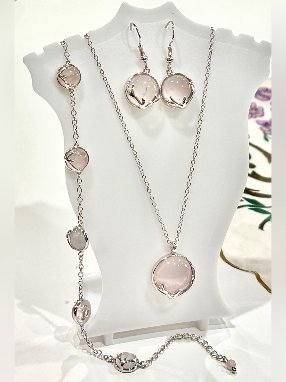 Rose Quartz 3PC Set, Silver Branch Cabochon Pendant Necklace, Bracelet, Earring